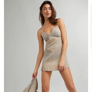Free People Better Together Taupe Combo Natural Mini Dress Plaid V Neck Sz M